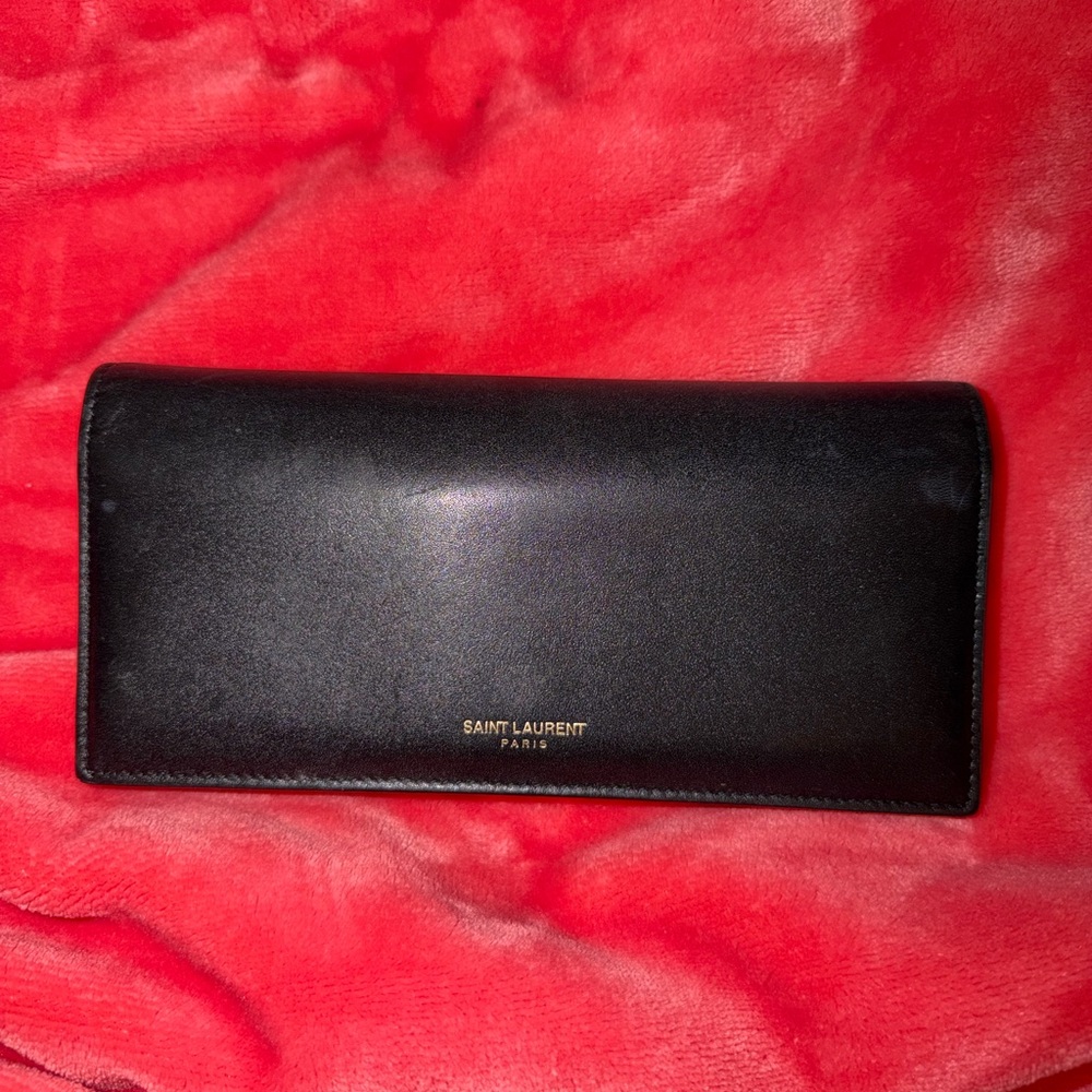 Authentic Vintage Saint Laurent Black Leather Long Wallet with Gold Logo